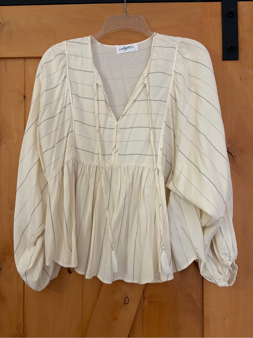 Carly Jean Los Angeles Cream Striped Tie-Front Peasant Blouse